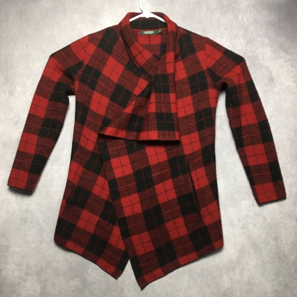 Lauren Ralph Lauren RL Womens Wool Wrap Coat Red Black‎ Plaid - size Small